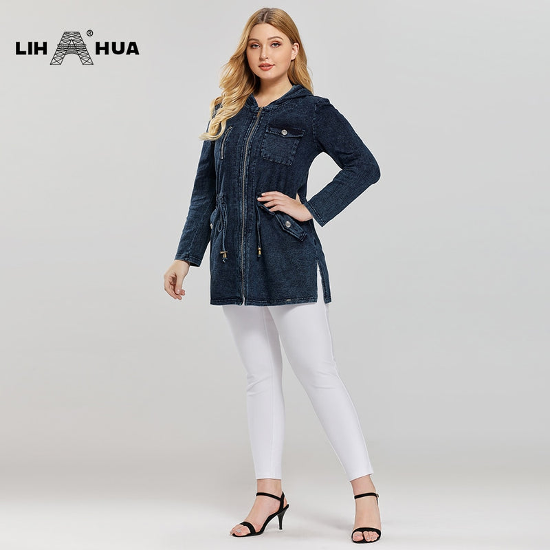 LIH HUA Damen-Jeansjacke in Übergröße, lässiger langer Stil für Damen, Premium-Stretch-Baumwolle, gestrickte Denim-Chaquetas