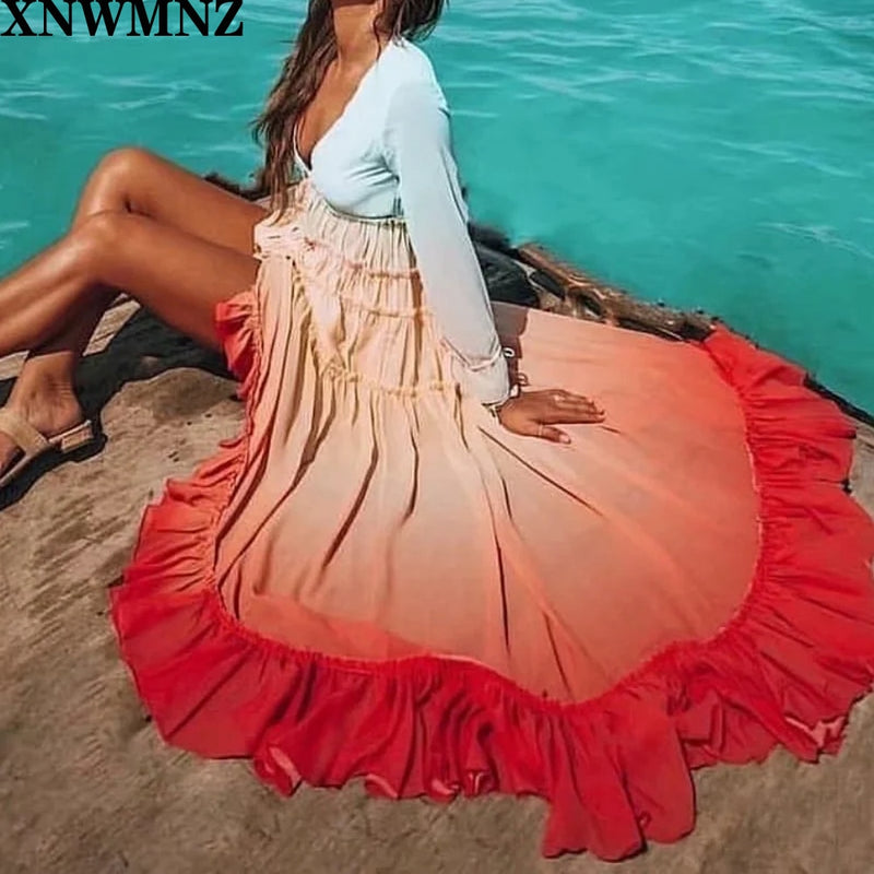 2020 Sommer Böhmen Strandkleid Frauen Casual Farbverlauf Lose Kleider Langarm V-Ausschnitt Einreihig Knopf Rüschenkleid