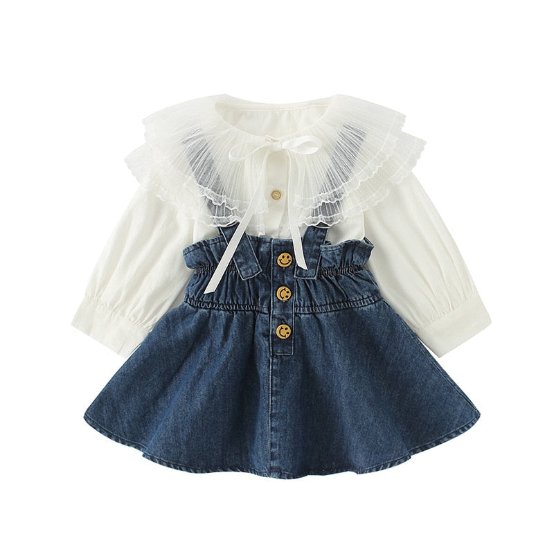 Conjunto de ropa de otoño para bebés y niñas, camisa de manga larga con solapa grande de encaje dulce + vestido de vaquero, conjunto de 2 uds de princesa vaquera