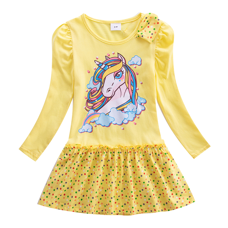 Girls Long Sleeve Star Embroidered Dress Girls Autumn New Style Two Pocket Rainbow Striped Sleeve Cotton Dress LH5809