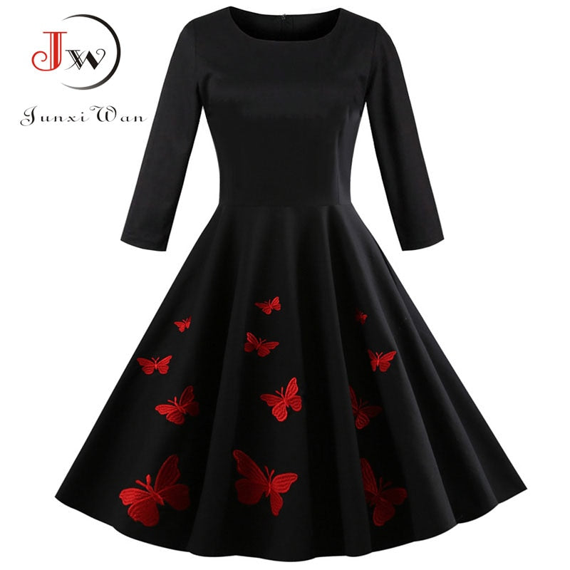 Elegant Black Embroidery Wrist Sleeve Women Dresses 2022 New Autumn Winter Casual O Neck Cotton A Line Vintage Party Vestidos