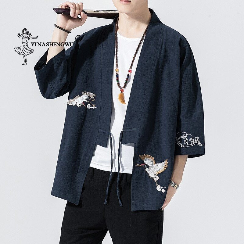 Kimono Cardigan Men Japanese Kimono Traditional Beach Thin Crane Embroidery Asian Clothes Yukata Male Samurai Casual Shirt Kimon