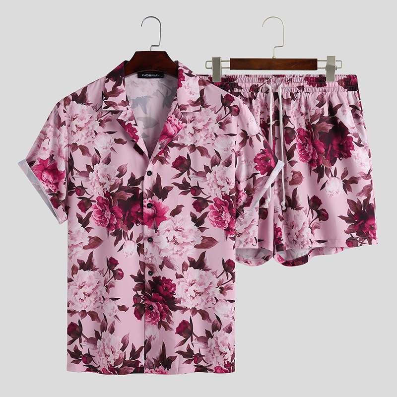 INCERUN Men Sets Flower Printed Vacation Breathable Beach Lapel Short Sleeve Shirt Shorts Streetwear Men Hawaiian Suits 2 Pieces