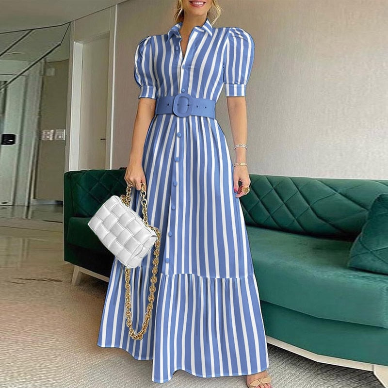 Summer Puff Shoulder Sexy Party Dress Spring Solid Button Long Shirt Dress Women Elegant Turn-down Collar Office Lady Maxi Dress