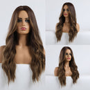 LOUIS FERRE Ombre Black Brown Cosplay Synthetic Wigs Long Middle Part Wavy Natural Hair Wig For Black Woman Afro Heat Resistant
