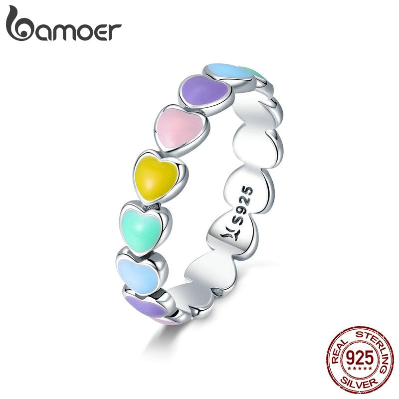 BAMOER 925 Sterling Silver Rainbow Heart Finger Ring for Girl, Women Stackable Silver Ring with Mini Hearts Trendy Party Jewelry