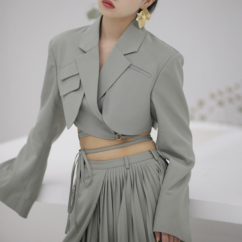 MOZISION Irregular Elegant Blazer For Women Notched Long Sleeves Lace Up Bowknot Blazers Female 2021 Spring Fashion New Coat