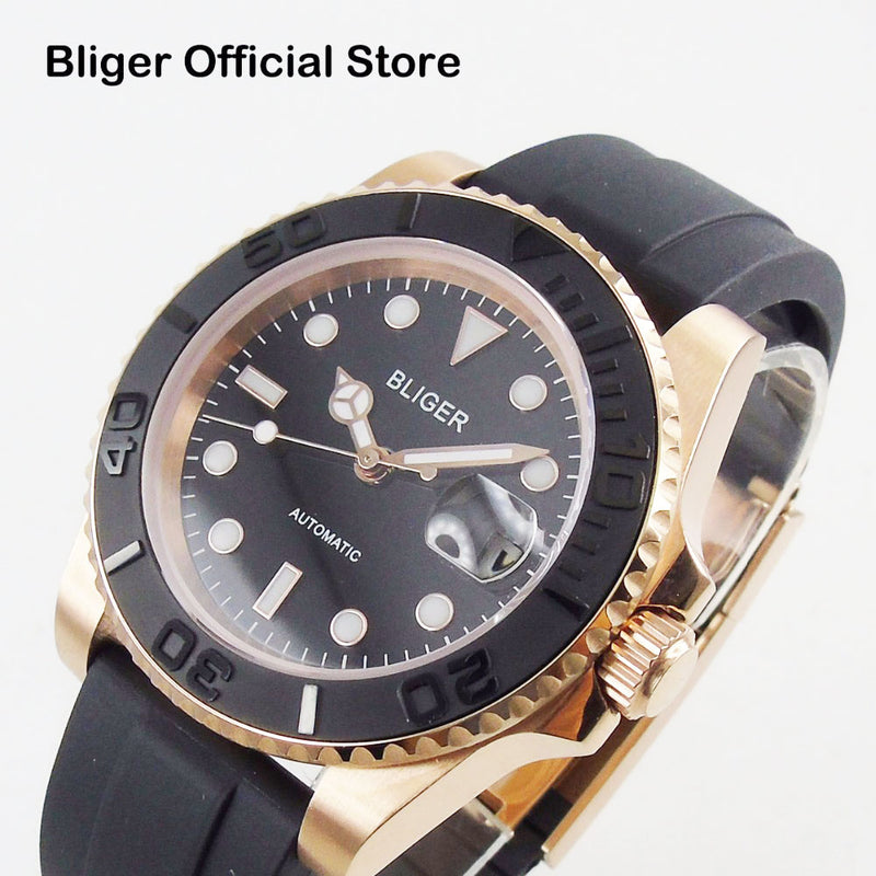 BLIGER Japan 24 Jewels NH35 PT5000 Caja de oro rosa Reloj automático para hombre Bisel cerámico Tornillo Corona Esfera estéril Correa de caucho