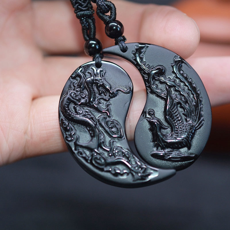 1 Set Obsidian Taichi Dragon and Phoenix Necklace Pendant YIN YANG Pendant Necklace Obsidian Lucky Pendants