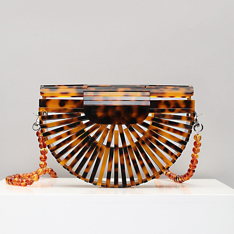 Acrylic Basket Evening Clutch Bag Women Hollow Out Stone Pattern Half Moon Acrylic Beach Handbag Beaded Shoulder Bag Holiday