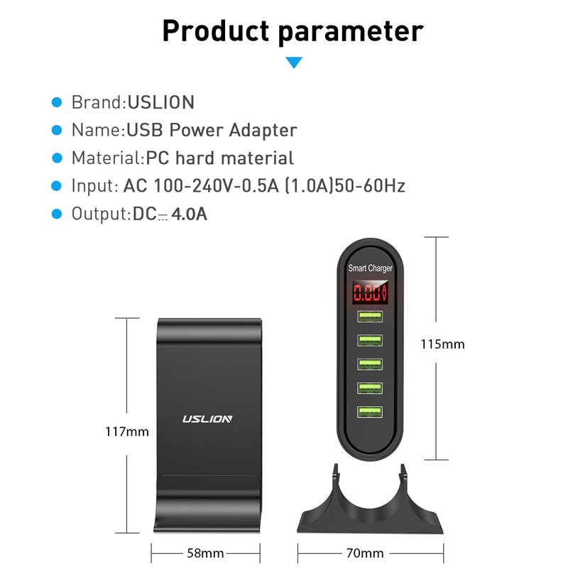 USLION 5-Port-USB-Ladegerät für Xiaomi LED-Display Multi-USB-Ladestation Universelles Telefon Desktop-Wand-Heim-EU-US-UK-Stecker