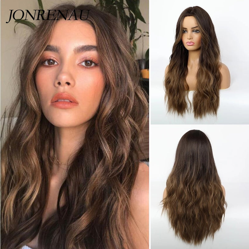 JONRENAU Long Natural Wave Middle Part Hair Gradient Dark Brown Synthetic Wigs  for Women Daily Cosplay Use Heat Resistant Wig