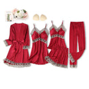 Black Sexy Women Robe Set Faux Silk Kimono Bathrobe Gown 5PCS Sleepwear Suit Hollow Out Lace Nightgown Home Wear Wedding Gift