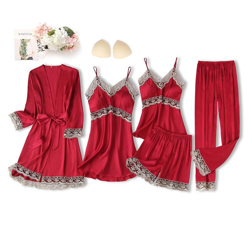 Black Sexy Women Robe Set Faux Silk Kimono Bathrobe Gown 5PCS Sleepwear Suit Hollow Out Lace Nightgown Home Wear Wedding Gift