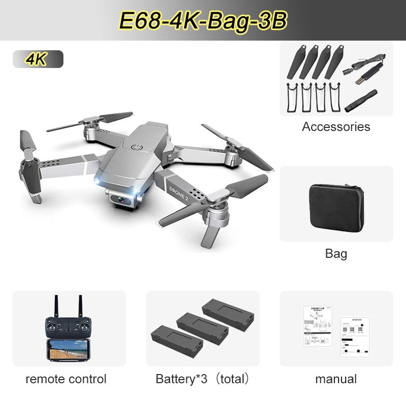 JINHENG E68 Mini RC Drone 4K 1080P HD Cámara Wifi FPV Presión de aire Modo de retención de altitud Cuadricóptero plegable Juguete Regalo para niños