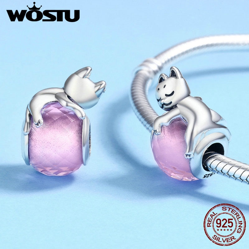 WOSTU Cute Cat Charms 925 Sterling Silver Animal Pussy Zirconia Beads Fit Original pulsera colgante DIY collar joyería