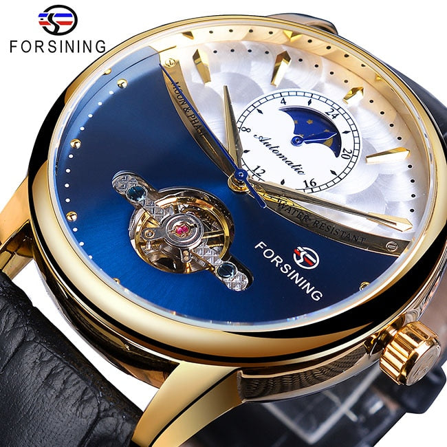 Reloj automático de fase lunar Forsining, reloj de pulsera mecánico resistente al agua dorado para hombres reales, reloj Tourbillon informal de cuero genuino