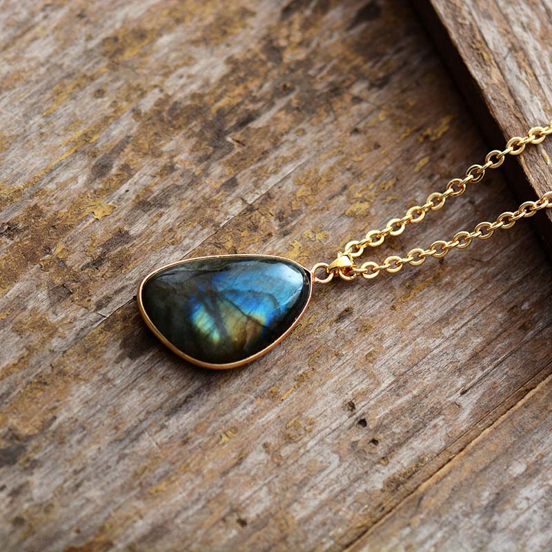 Natural Stone Pendant Necklace Labradorite Gold Tone Chain Chokers Necklaces Designer Gems Jewelry Bijou Bohemian