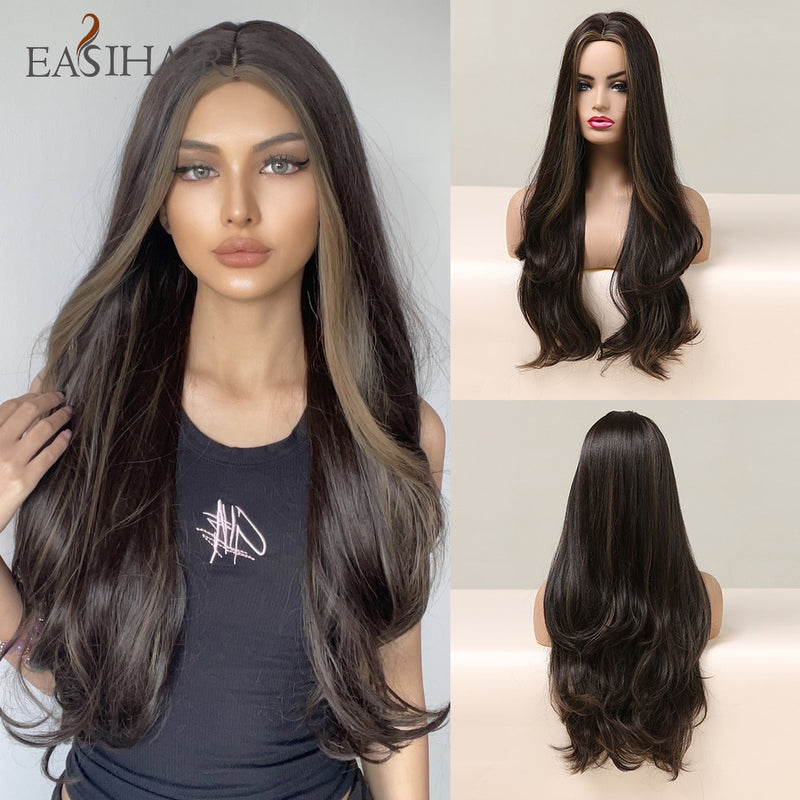 EASIHAIR Lange gewellte braune synthetische Perücken mit blonden Strähnchen Cosplay Naturhaarperücken Hochtemperaturfaser für schwarze Frauen