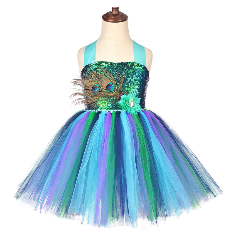 Flor plumas niñas pavo real tutú vestido niños tul princesa pavo real disfraz para niñas desfile Halloween cumpleaños fiesta vestido