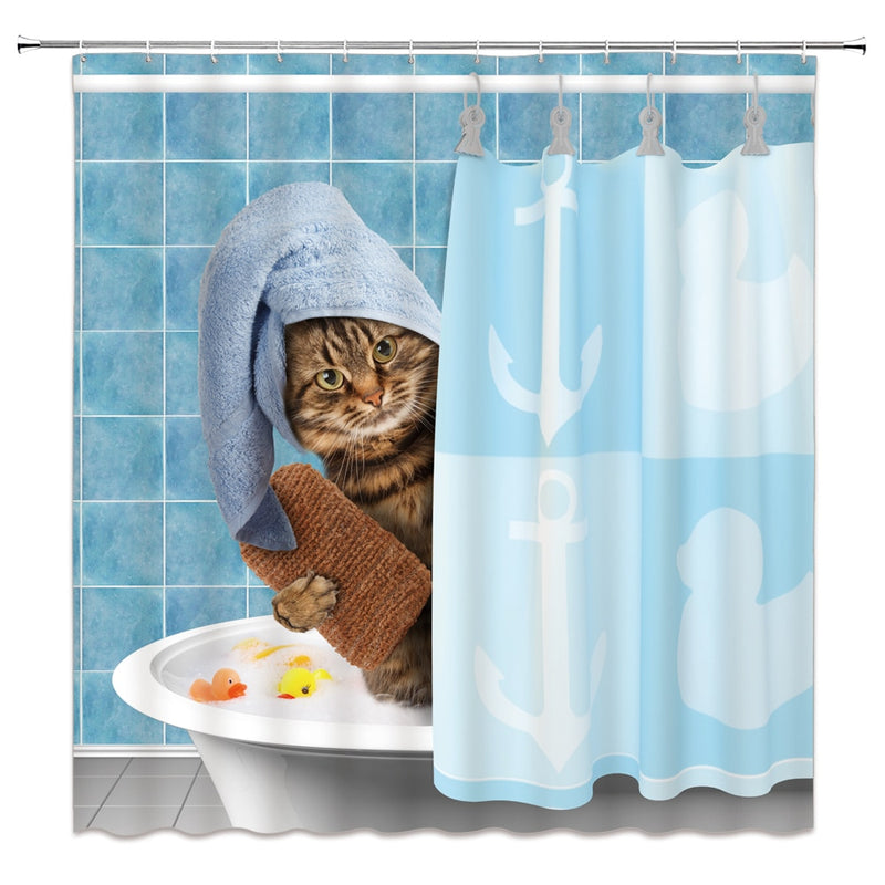 Cortinas de ducha de animales divertidos, decoración de baño para el hogar con Gato bonito, juego de cortinas colgantes de tela de baño de poliéster con ganchos