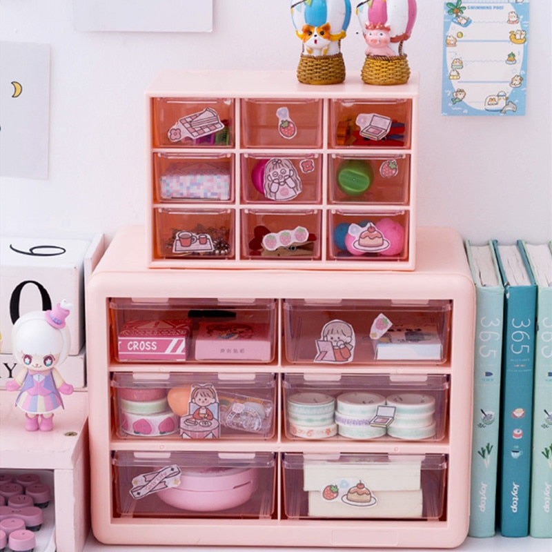 MINKYS Kawaii White/Pink 9 Grid ABS Drawer Desktop Organizer Desk Storage Box Free Sticker School Stationery Accessories