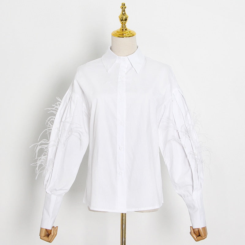 TWOTWINSTYLE Casual Patchwork Feather Blouse For Women Lapel Lantern Sleeve White Solid Shirt Female Fashion New Clothing 2021