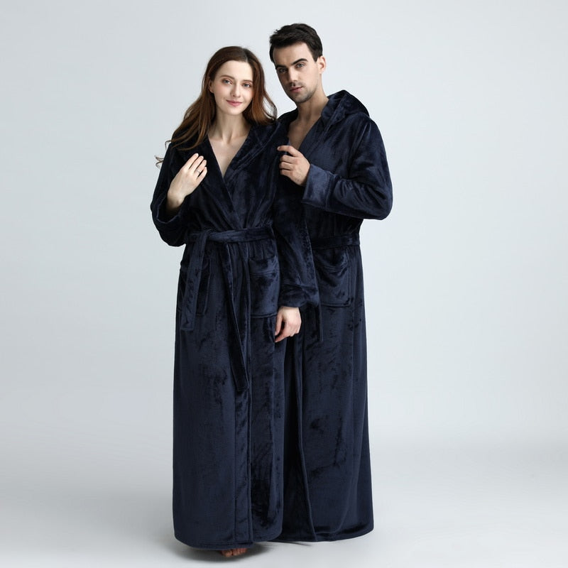 Women Men Winter Plus Size Flannel Robe Extra Long Hooded Warm Bathrobe Lovers Thick Kimono Bath Robe Male Dressing Gown Robes