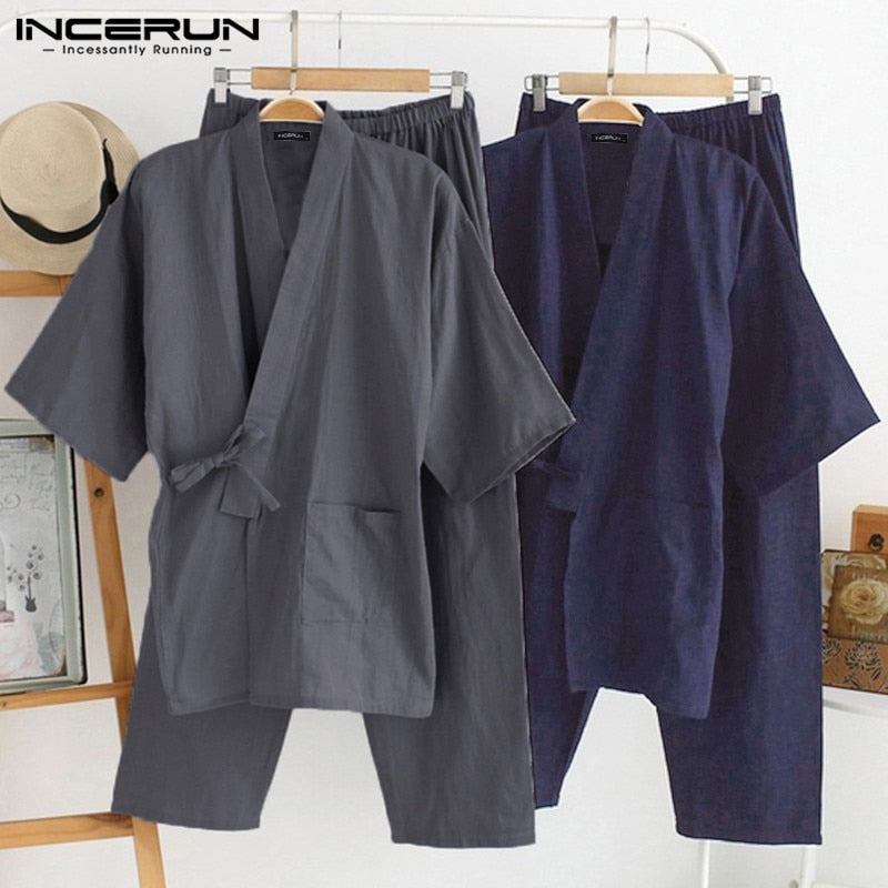 Japanese Mens Kimono Pajamas Suits Male Robe Gown 2Pcs/Set Lounge Bathrobe Sleepwear Loose Man Cotton Comfortable Pajamas Hombre