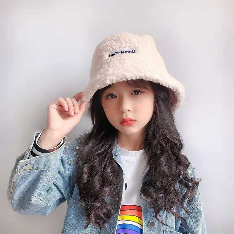 Winter Baby Girls Boys Bucket Hat Cute Children Outdoor Sun Cap Warm Beanies Kids Lamb Cotton Adjustable Hats Thick Warm Caps