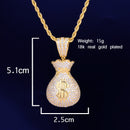 Herren Dollar Bag Anhänger Halskette Goldfarbe Bling Kubikzircon Hip Hop Rock Schmuck
