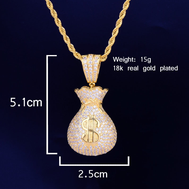 Herren Dollar Bag Anhänger Halskette Goldfarbe Bling Kubikzircon Hip Hop Rock Schmuck