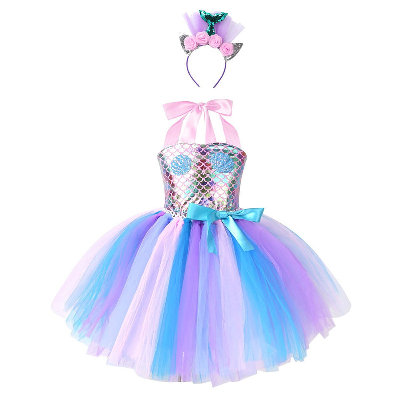 Kinder Mädchen Meerjungfrau Prinzessin Kleid Ärmelloses Mesh Tutu 3D Blume Haarband Set Kinder Halloween Thema Party Cosplay Kostüm