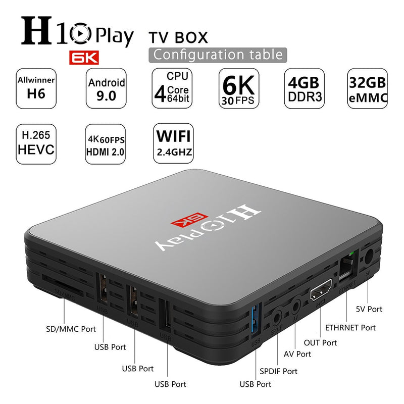 Android 9.0 TV Box, AllwinnerH6 Quad-Core, 6K HD Multi Language Media Player Unterstützung 2,4 GHz WiFi