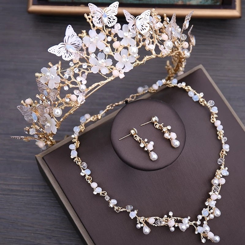 Luxus Kristall Perlen Perle Schmetterling Kostüm Schmuck Sets Blumen Strass Halsband Halskette Ohrringe Tiara Hochzeit Schmuck Set