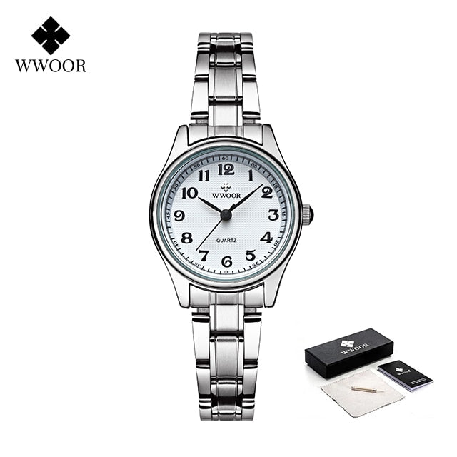 WWOOR, relojes para amantes de la moda para hombres y mujeres, reloj árabe resistente al agua, reloj de pulsera de cuarzo informal para parejas de acero inoxidable y plata para mujer