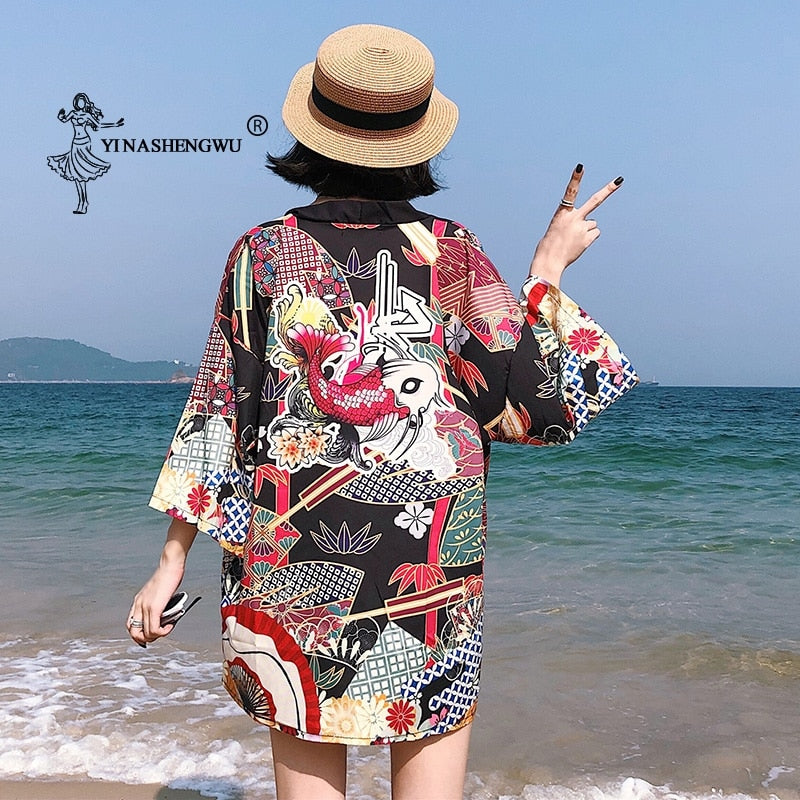 Yukata Women Kimono Cardigan Japan Kimonos Asia Clothes Summer Fish Print Shirt Top Casual Kimonos Kawaii Kimono Cosplay Costume