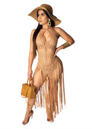 JRRY Long Tassels Knitted Cover Ups Vestidos Halter String Back Crochet Vestido de playa Hasta el tobillo Patrón sólido Punto Ropa al aire libre