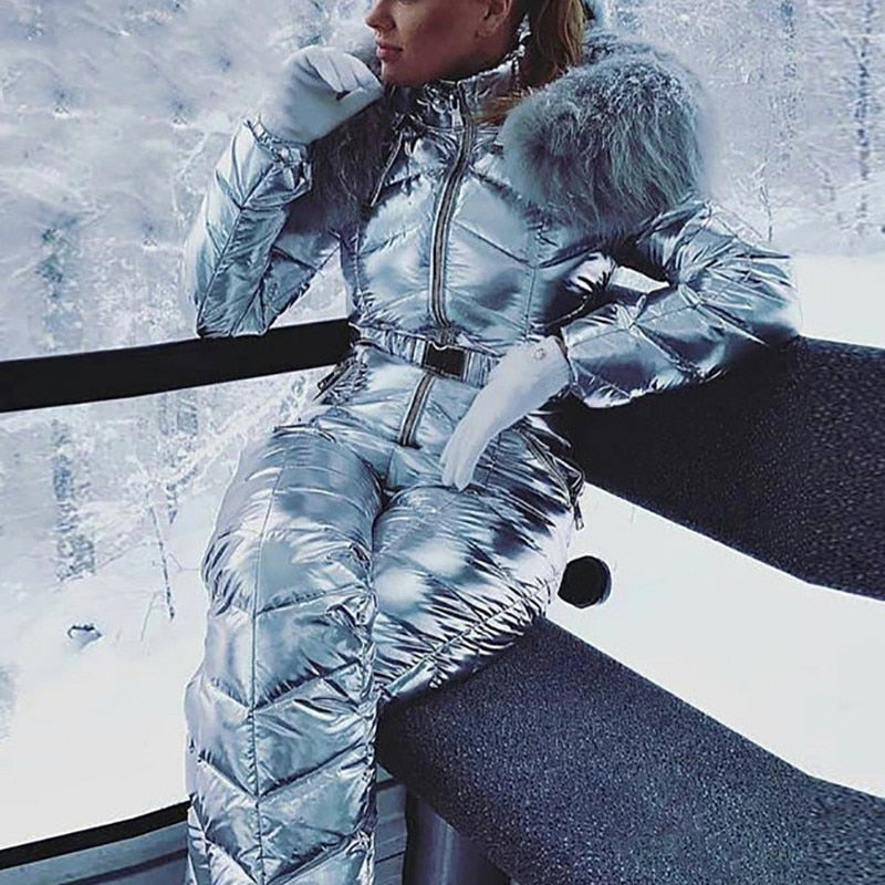 Nuevo traje de esquí de una pieza de oro plateado brillante para mujer, mono de esquí a prueba de viento para invierno, traje de snowboard, trajes de nieve para mujer