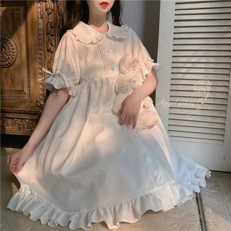 Japanese Sweet Girl Lolita Drees Kawaii Peter Pan Collar Cute Ruffle Puff Sleeve Drees Solid Color Elegant Retro Lady Drees