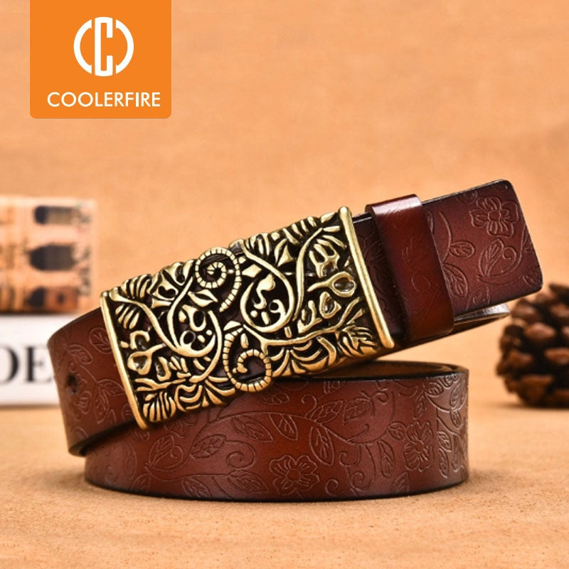 COOLERFIRE Genuine Cowskin Leather Belts For Women Carved Design Retro Metal Women Strap Female High Quality Belts LB015