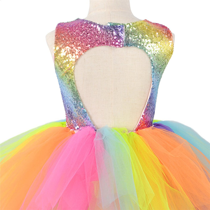 Regenbogen Pailletten Tutu Kleid für Kinder Mode Rückenfreies Ärmelloses Tüll Kleid Mädchen Kleidung Bunte Kinder Mädchen Partykleid 2-8