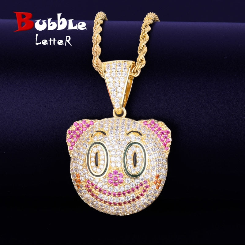 Payaso Cara Redonda Colgante Collar Oro Color Encanto Cubic Zircon Hombres Mujeres Hip Hop Rock Joyería