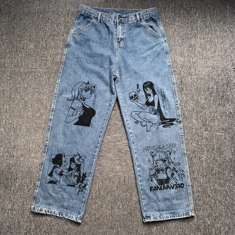 Vintage gewaschene Jeans Frauen Streetwear Jeans Harajuku Cartoon Anime Print Jeans Mode Mädchen Jeans lose Hose mit weitem Bein Baumwolle