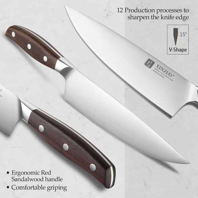 XINZUO 8 ''cuchillo de Chef alemán DIN 1,4116 cuchillos de cocina de acero inoxidable carne verduras cuchillo de cocina mango de sándalo rojo