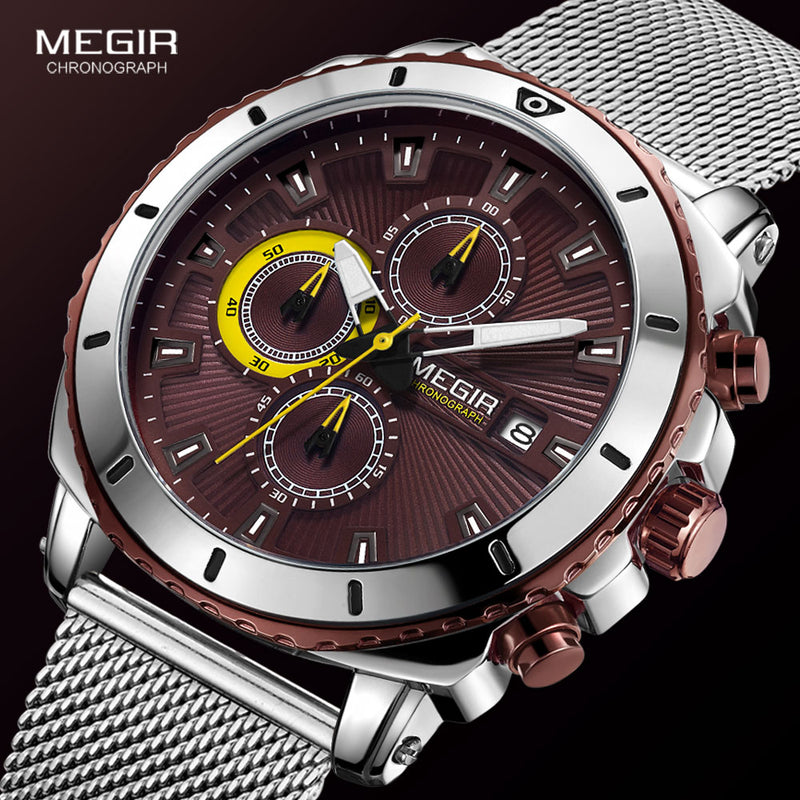 MEGIR Herrenuhren 2020 Luxus-Top-Marke Sport wasserdichte Armbanduhr für Herren Mesh-Armband braunes Gesicht Chronograph Quarzuhren