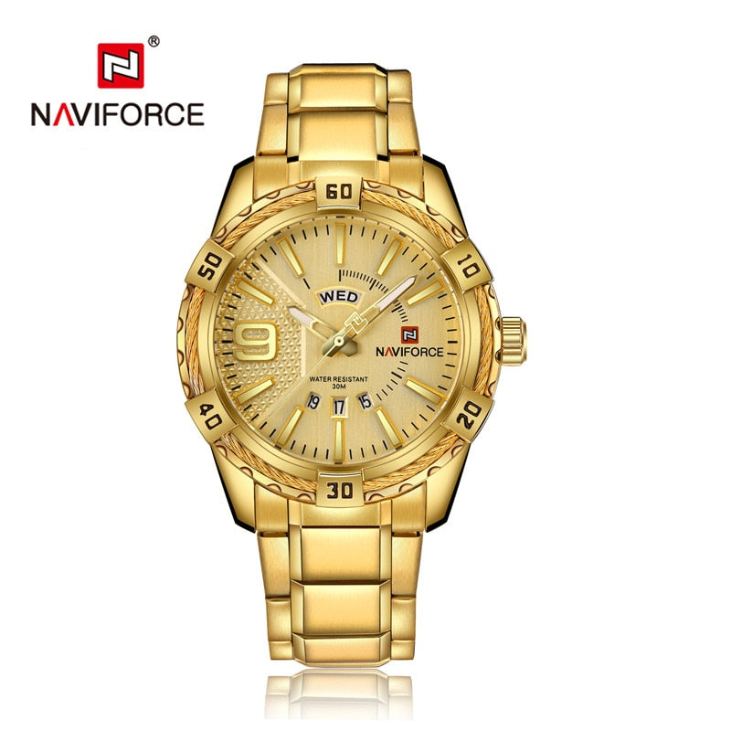 Reloj deportivo NAVIFORCE de marca de lujo para hombre, relojes de cuarzo de acero completo dorado, reloj militar resistente al agua con fecha para hombre, reloj masculino