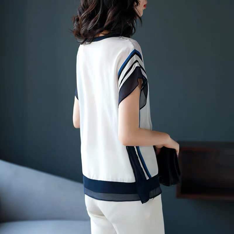 Blusas de chifón estilo Primavera Verano para mujer, camisa de manga corta con cuello redondo a rayas, blusas coreanas elegantes sueltas SP025