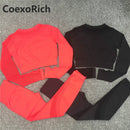 Conjunto de Yoga para mujer, ropa de gimnasio, traje deportivo, Top corto de manga larga calado sin costuras, mallas de entrenamiento de cintura alta, ropa deportiva