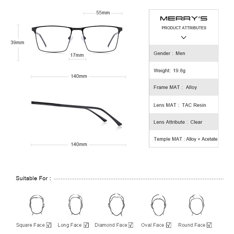 Diseño MERRYS, montura de gafas de aleación de titanio para hombre, estilo de negocios, gafas graduadas para miopía cuadradas ultraligeras para hombre S2057